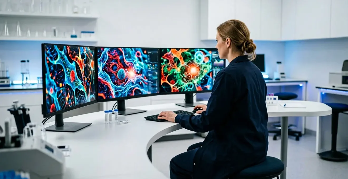 Medical professional analyzing digital pathology slides with AI visualization overlays in a modern diagnostic laboratory