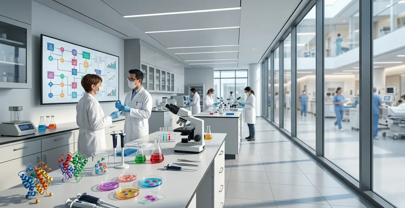 Modern biomedical research laboratory showcasing the innovation pathway from bench to bedside