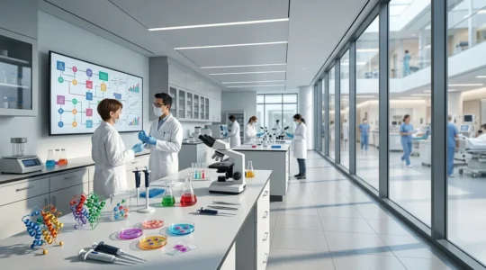 Modern biomedical research laboratory showcasing the innovation pathway from bench to bedside