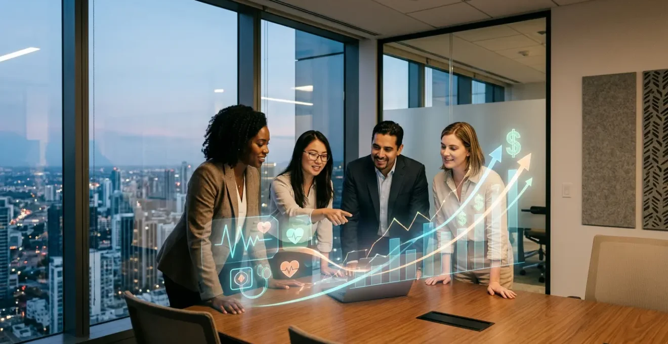 Executives analyzing employee health metrics and financial ROI data on preventive screening programs