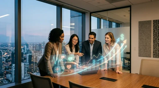 Executives analyzing employee health metrics and financial ROI data on preventive screening programs