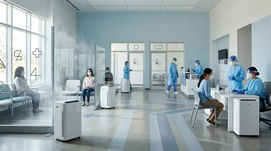 Healthcare workers implementing infection control measures in modern emergency waiting room