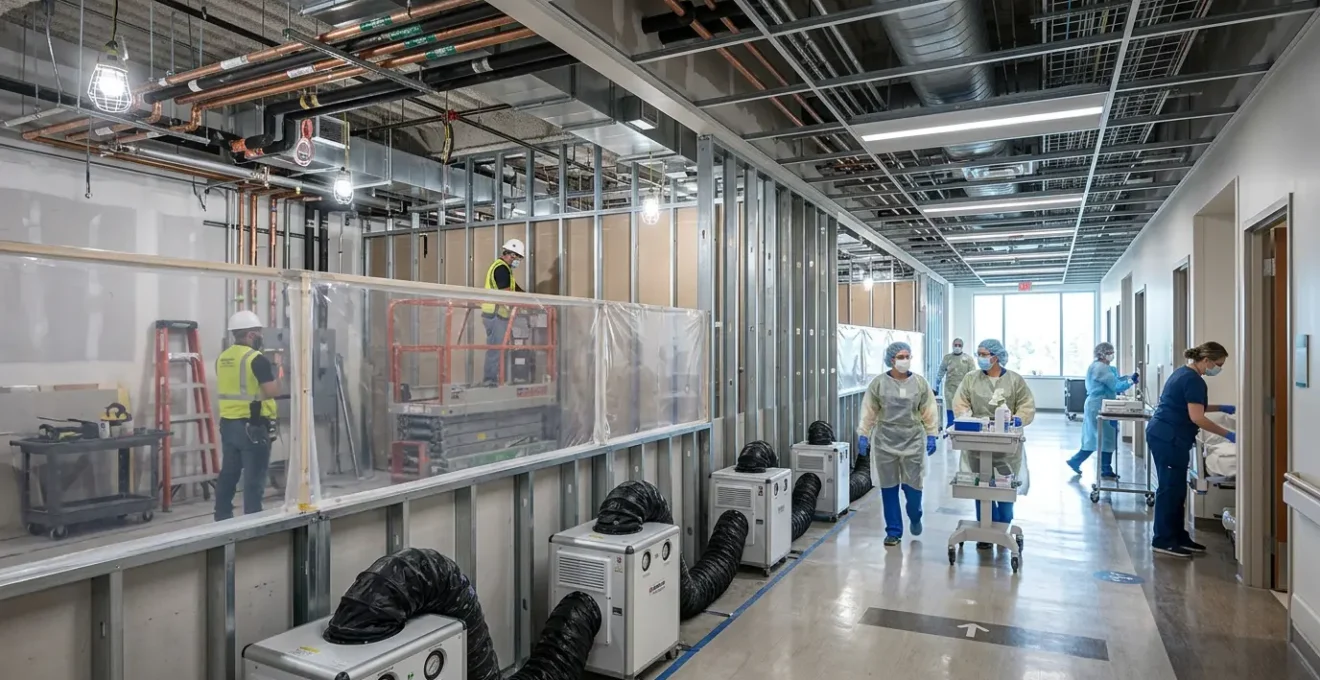 Modern hospital corridor with visible infrastructure retrofitting elements