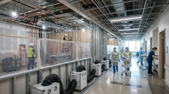 Modern hospital corridor with visible infrastructure retrofitting elements