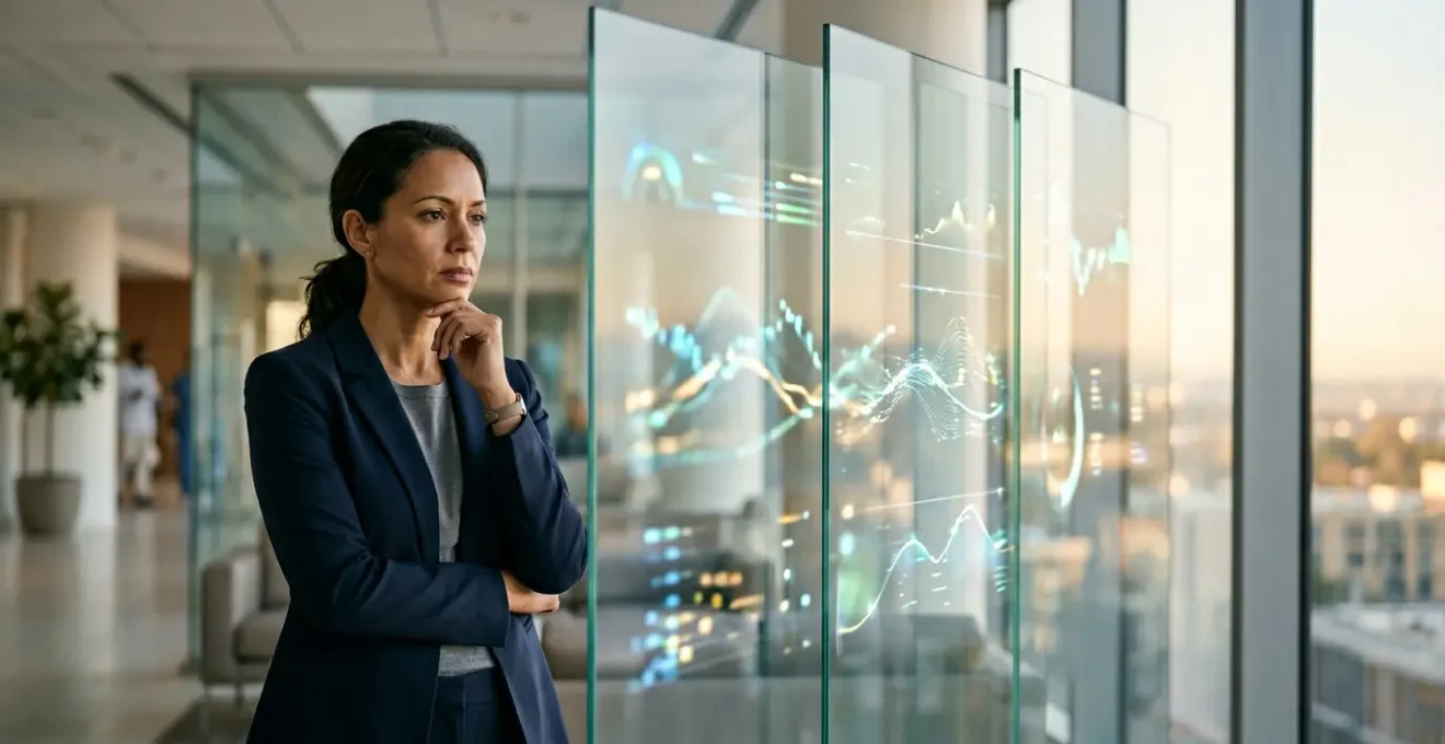 Healthcare professional examining patient satisfaction data on digital displays in modern hospital setting