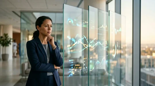 Healthcare professional examining patient satisfaction data on digital displays in modern hospital setting