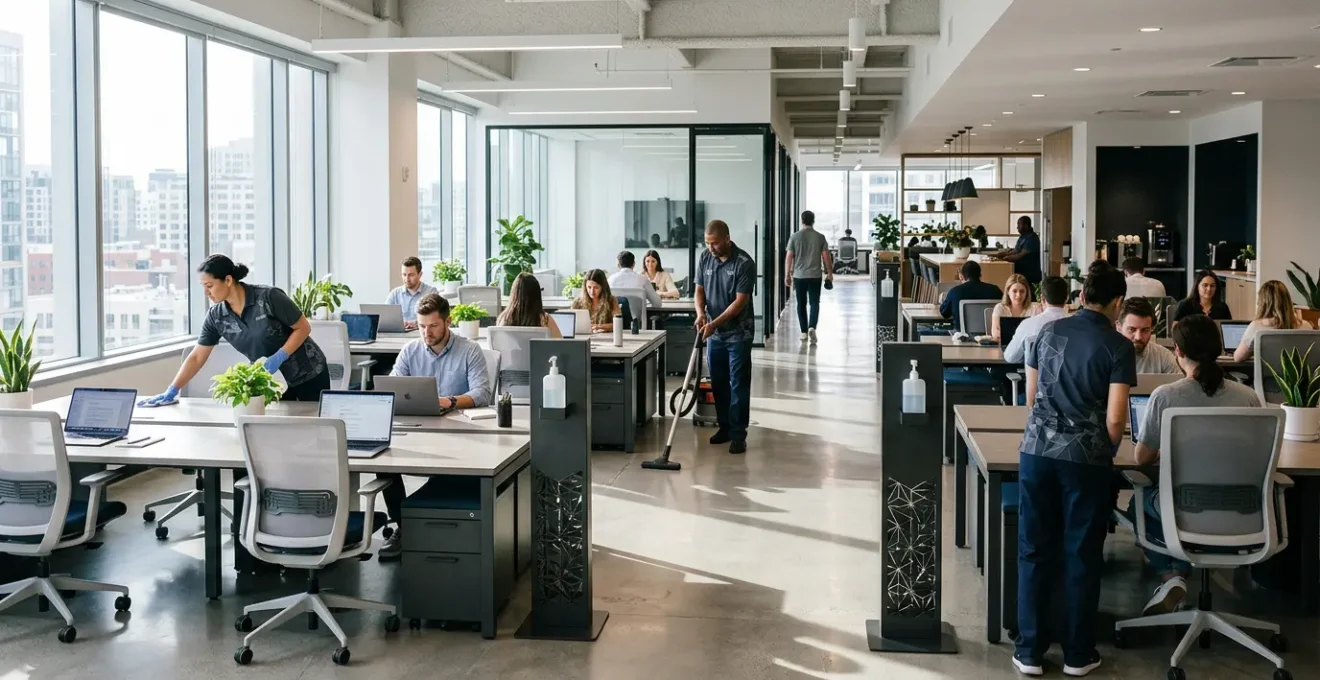Modern office environment showcasing visible cleaning practices and hygiene awareness initiatives