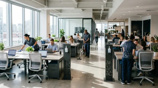 Modern office environment showcasing visible cleaning practices and hygiene awareness initiatives