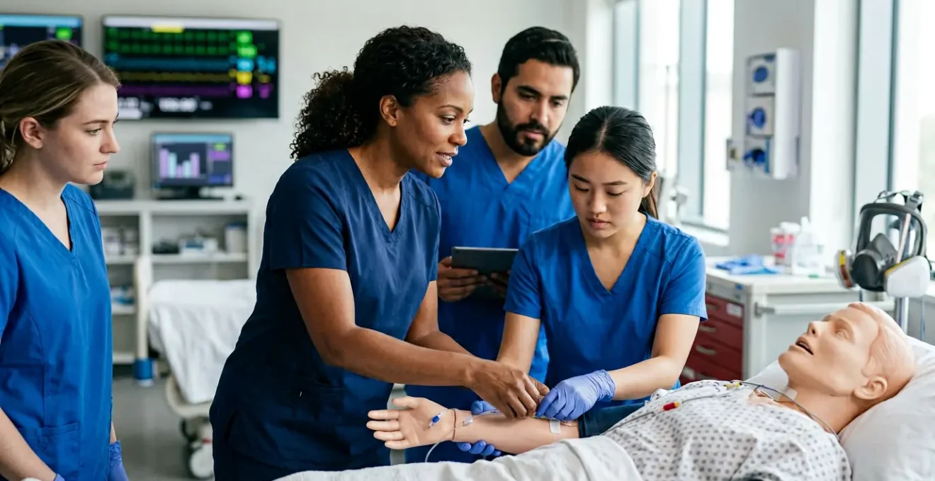 Medical education team conducting clinical simulation training with mannequin and observation technology