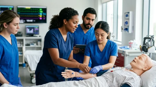 Medical education team conducting clinical simulation training with mannequin and observation technology