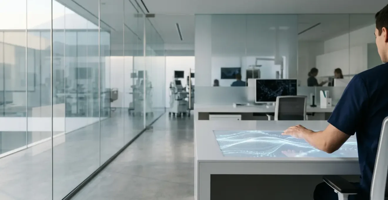 Healthcare professional using digital analytics dashboard in modern clinical setting