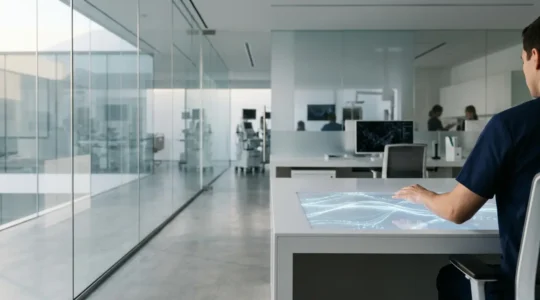 Healthcare professional using digital analytics dashboard in modern clinical setting