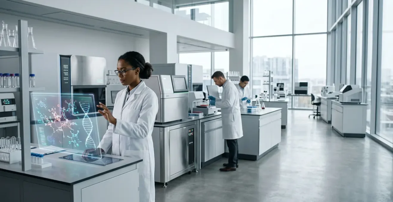 Professional laboratory scientist analyzing DNA sequences for pharmacogenomic testing in modern medical research facility