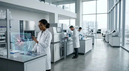 Professional laboratory scientist analyzing DNA sequences for pharmacogenomic testing in modern medical research facility