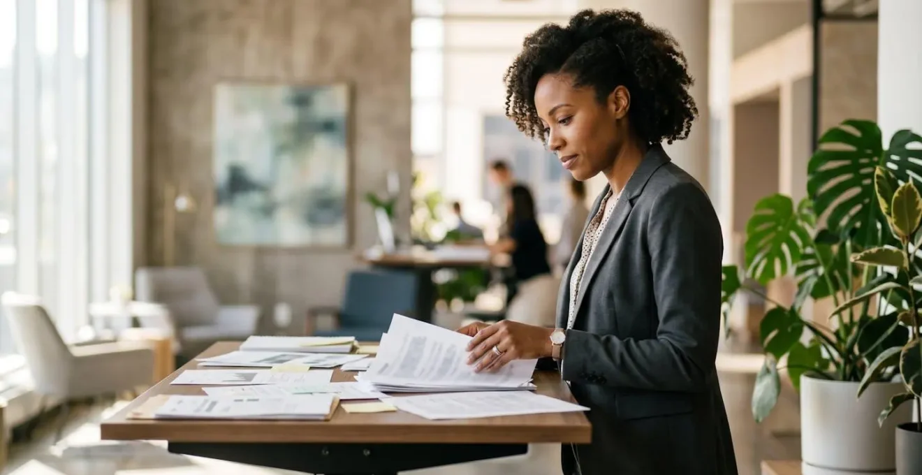 A professional thoughtfully reviewing career documents in a modern, light-filled office setting.