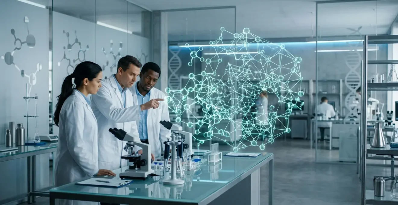 Laboratory scientists analyzing genomic data on transparent displays showing protein networks and molecular pathways