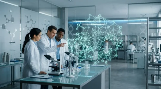 Laboratory scientists analyzing genomic data on transparent displays showing protein networks and molecular pathways