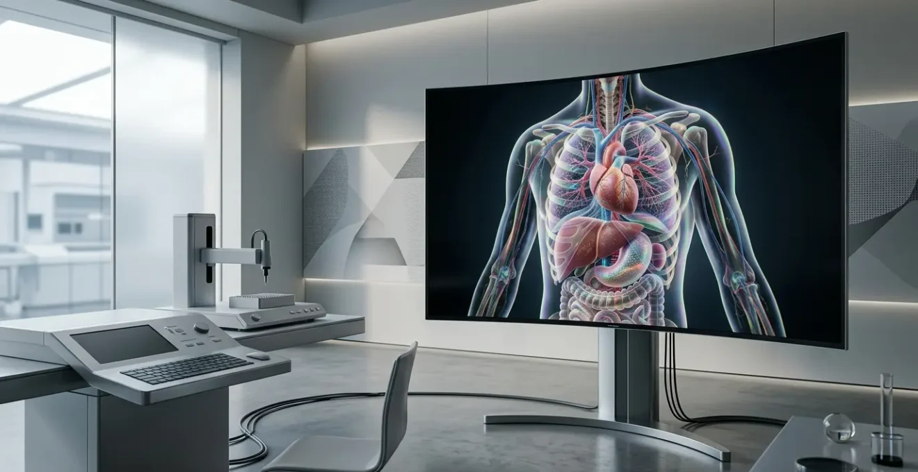 Advanced 3D reconstruction visualization of internal organs with spectral imaging overlay showing detailed anatomical structures in cinematic rendering