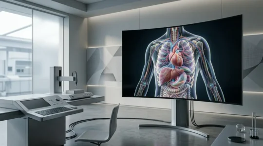 Advanced 3D reconstruction visualization of internal organs with spectral imaging overlay showing detailed anatomical structures in cinematic rendering