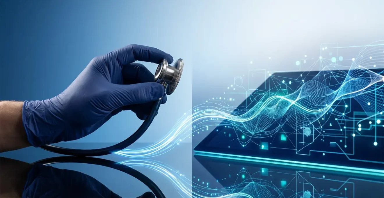 Intersection of medicine, artificial intelligence, and legal responsibility showing physician reviewing digital displays