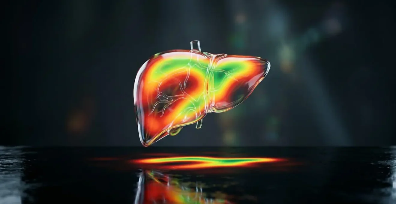 AI-assisted organ segmentation process showing confidence heat map overlay on 3D reconstructed liver model