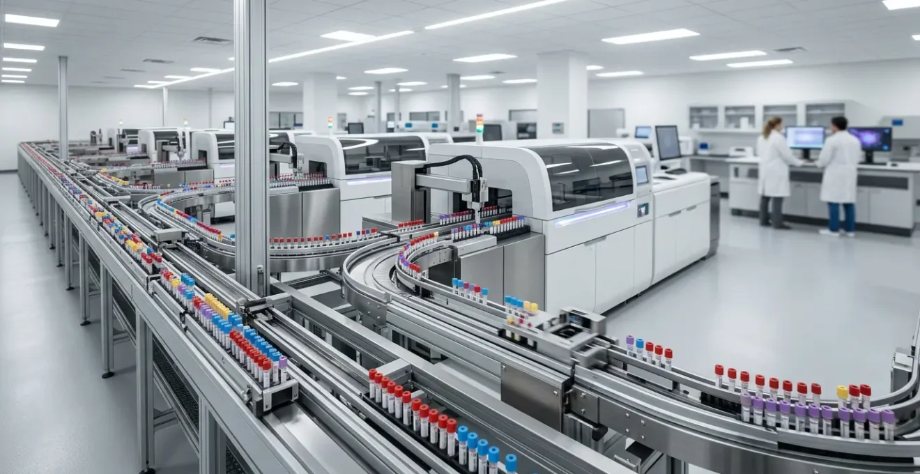 High-tech automated laboratory system with robotic arms processing clinical samples