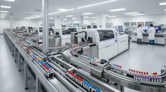 High-tech automated laboratory system with robotic arms processing clinical samples