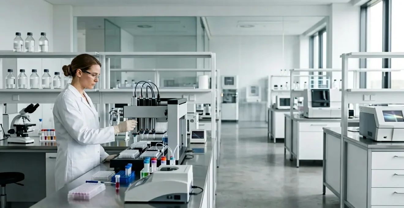 Modern biomedical research laboratory with scientists analyzing data and conducting controlled experiments