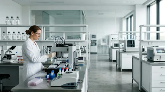 Modern biomedical research laboratory with scientists analyzing data and conducting controlled experiments