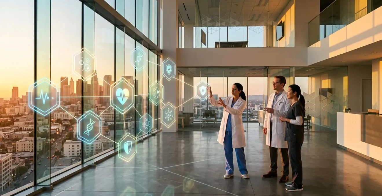 Futuristic medical facility showcasing secure blockchain data network with encrypted patient information flows