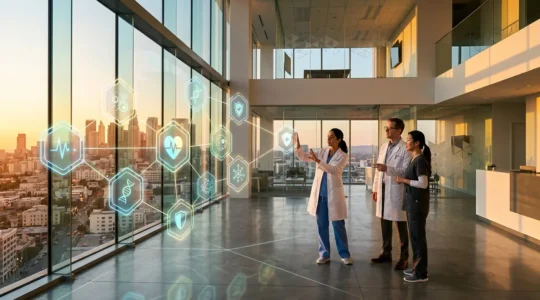 Futuristic medical facility showcasing secure blockchain data network with encrypted patient information flows