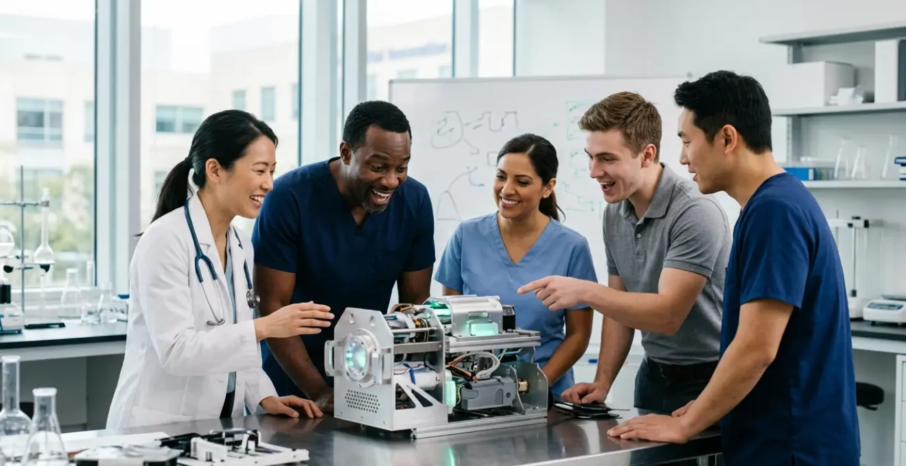 Healthcare professionals collaborating around innovative medical technology in a modern hospital setting