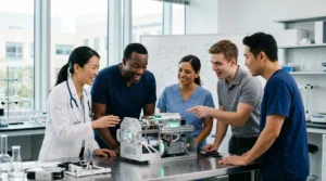 Healthcare professionals collaborating around innovative medical technology in a modern hospital setting