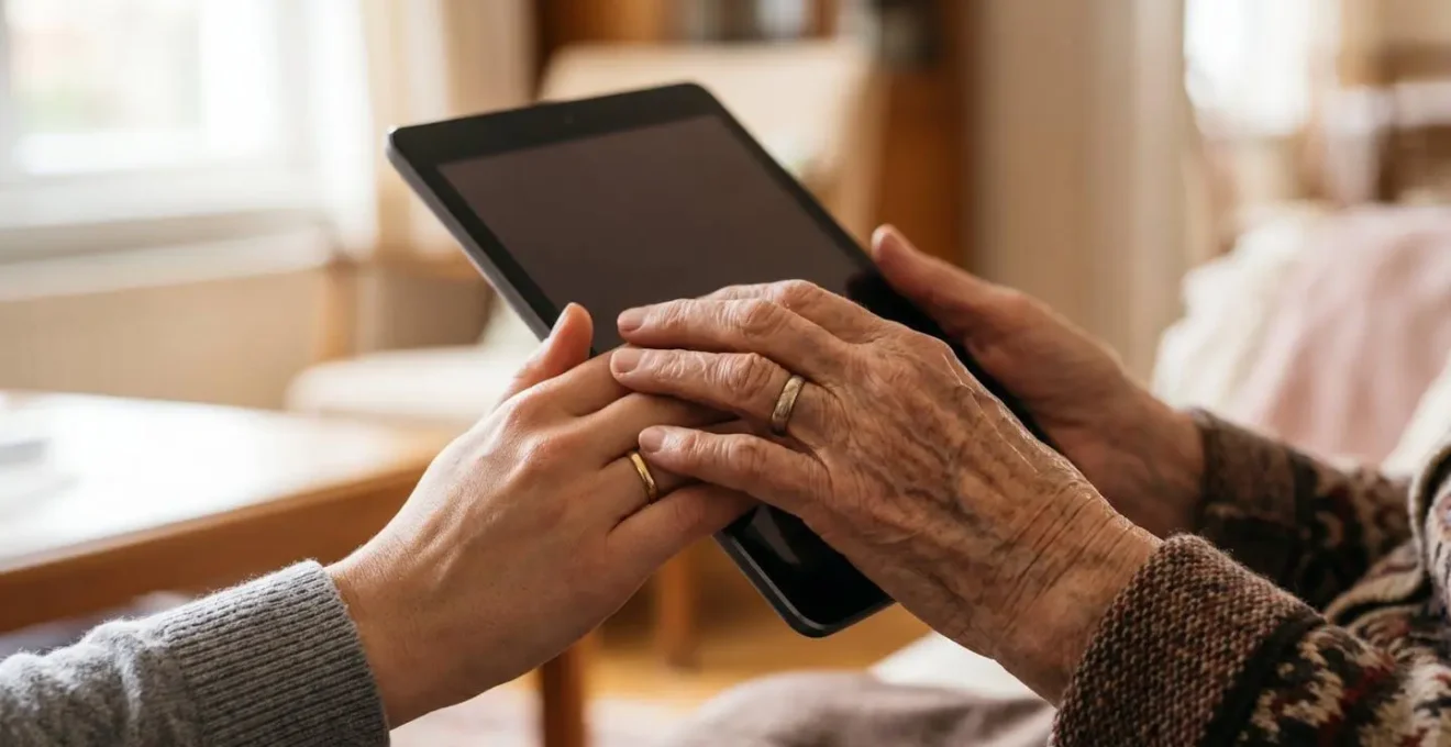 Caregiver and elderly patient sharing supportive moment during technology assistance