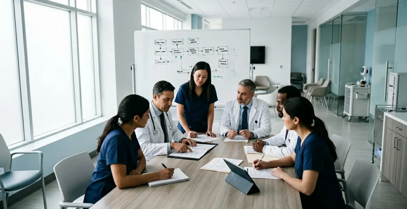 Healthcare professionals collaborating in modern clinic environment with digital interfaces