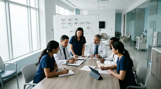 Healthcare professionals collaborating in modern clinic environment with digital interfaces