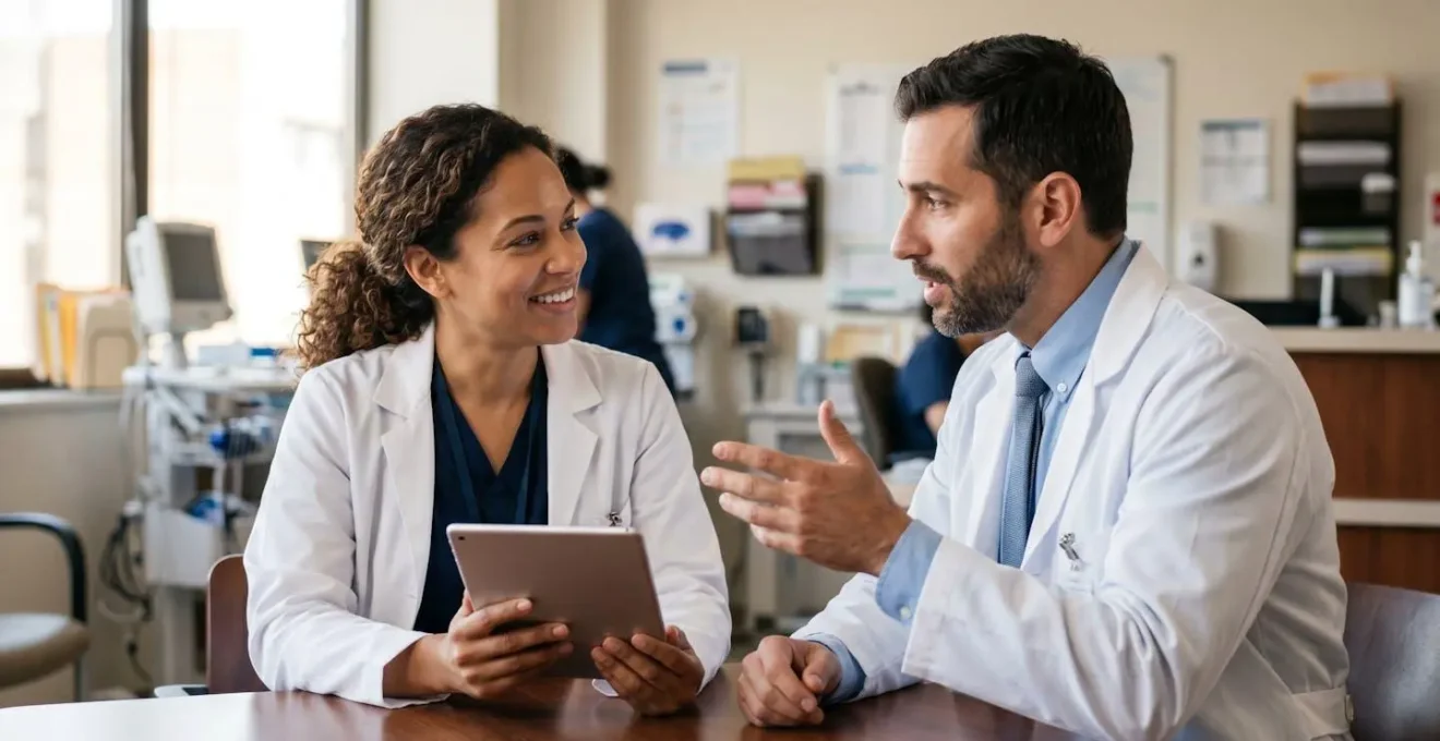 A physician and nurse practitioner collaborating closely in a modern clinical setting, representing an efficient team-based care model.