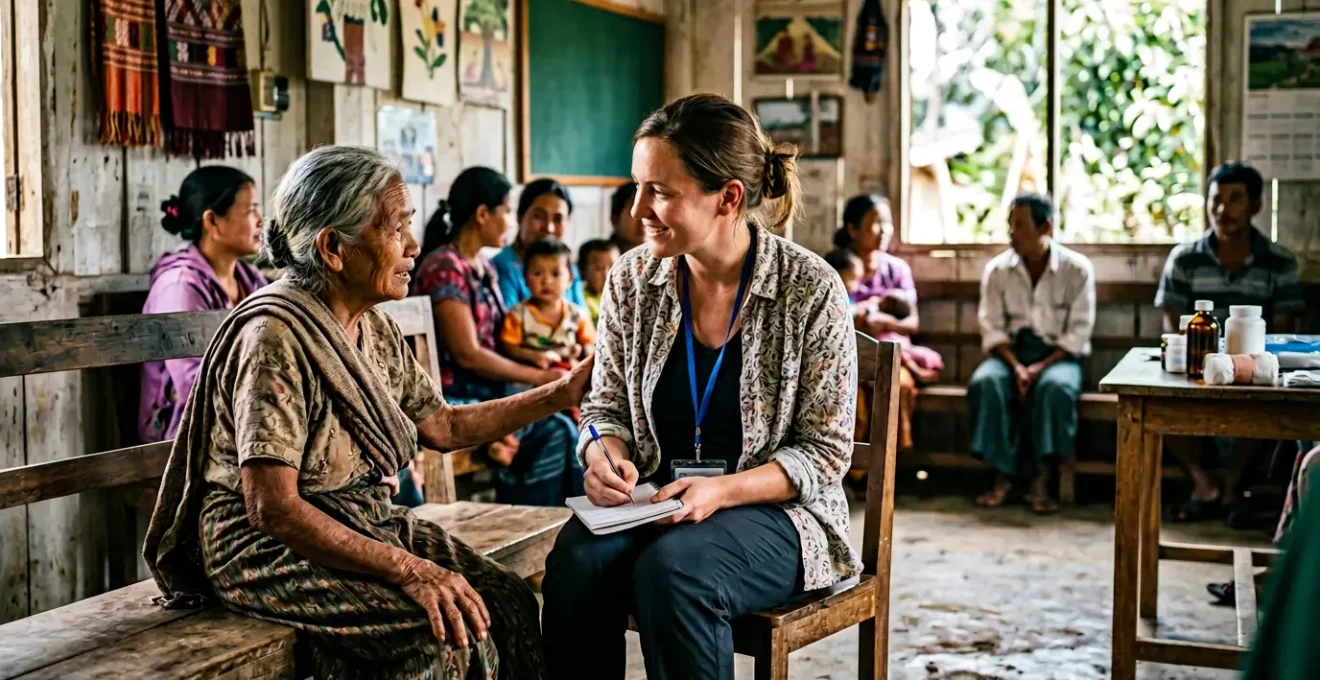 Community health workers engaging with diverse residents in a rural clinic setting, establishing trust through culturally sensitive healthcare delivery