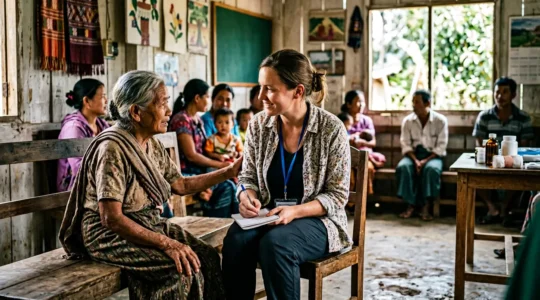 Community health workers engaging with diverse residents in a rural clinic setting, establishing trust through culturally sensitive healthcare delivery