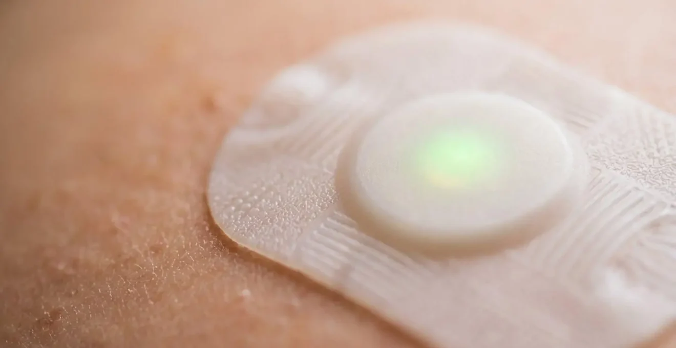 Close-up of fetal monitoring sensor showing textured surface and indicator lights
