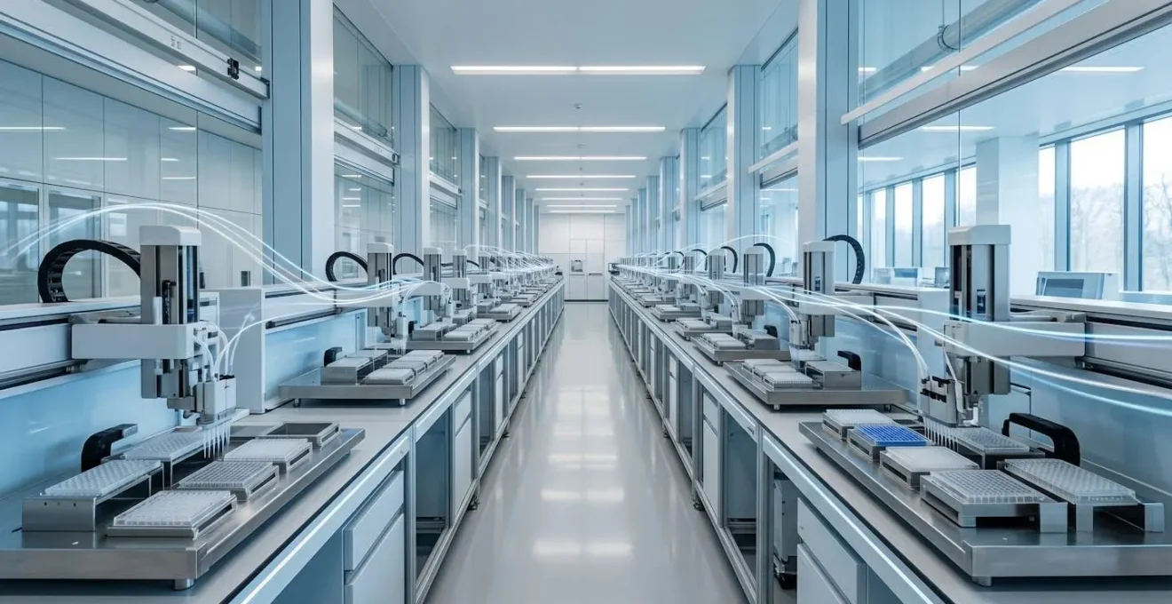 Wide view of automated screening facility with robotic systems processing genetic libraries