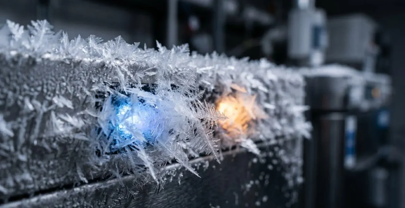 Close-up macro view of frost crystals on cryogenic storage system with monitoring sensors