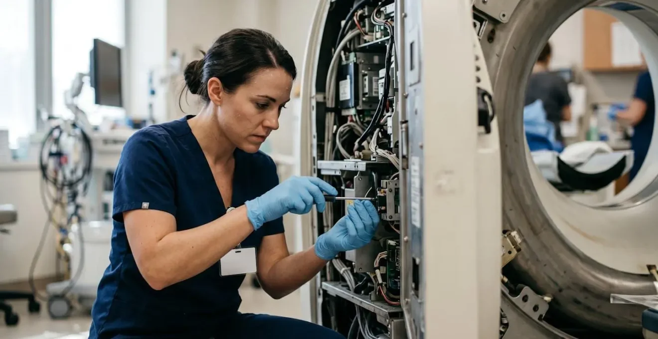 Service technician performing CT tube replacement procedure