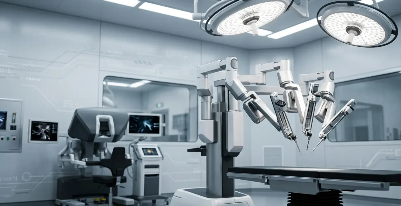 Advanced robotic surgery system with surgeon console and multi-arm patient cart in high-tech operating room environment