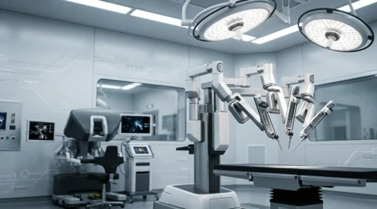 Advanced robotic surgery system with surgeon console and multi-arm patient cart in high-tech operating room environment