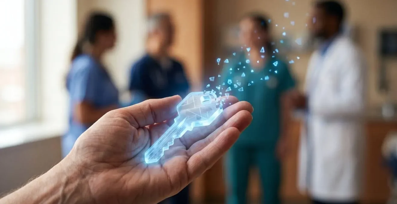 Patient holding a secure digital key while multiple healthcare providers access authorized data segments.