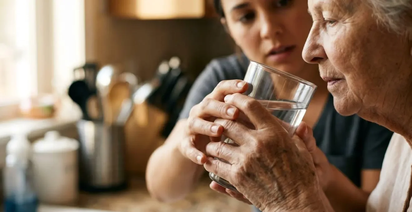 Caregiver assisting elderly patient with preparation safety measures