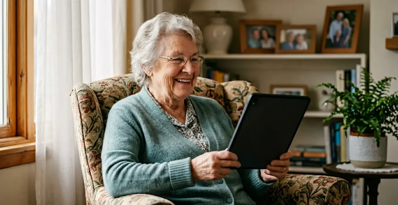 Elderly woman having peaceful video consultation from home environment