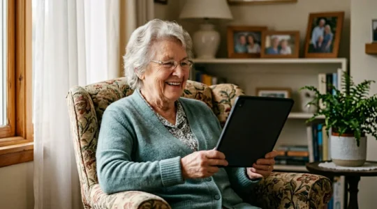 Elderly woman having peaceful video consultation from home environment