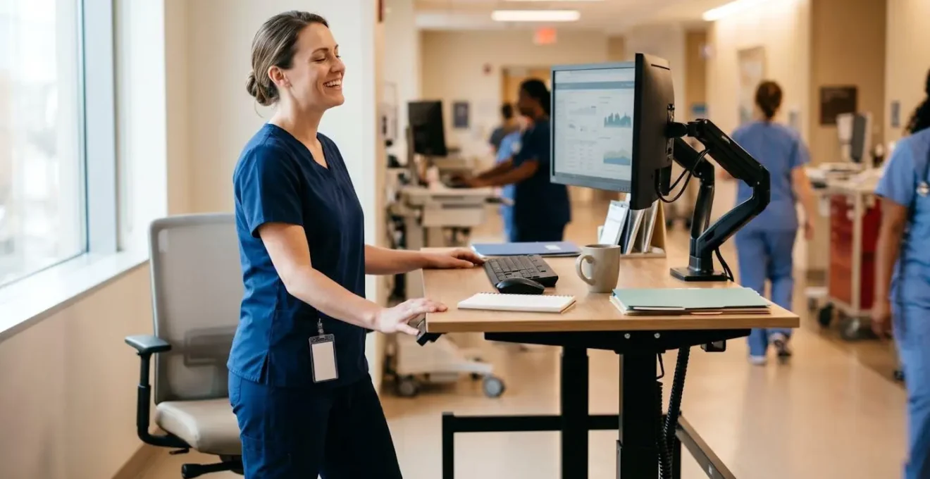 Hospital clerk using electric height-adjustable desk with multiple monitor setup